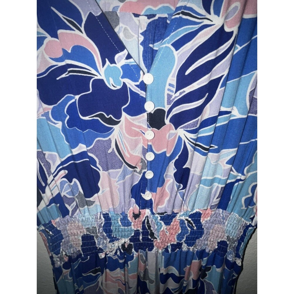 Abel The Label Size Large Blue Floral Maxi Dress Short Sleeve Smock Waist